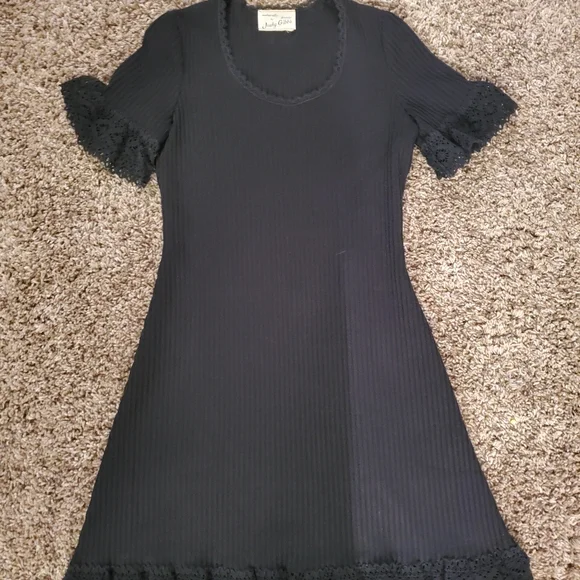 Womens Vintage Union Made Dress 70s Black knit S small macrame lace Judy Gibbs - Picture 4 of 15